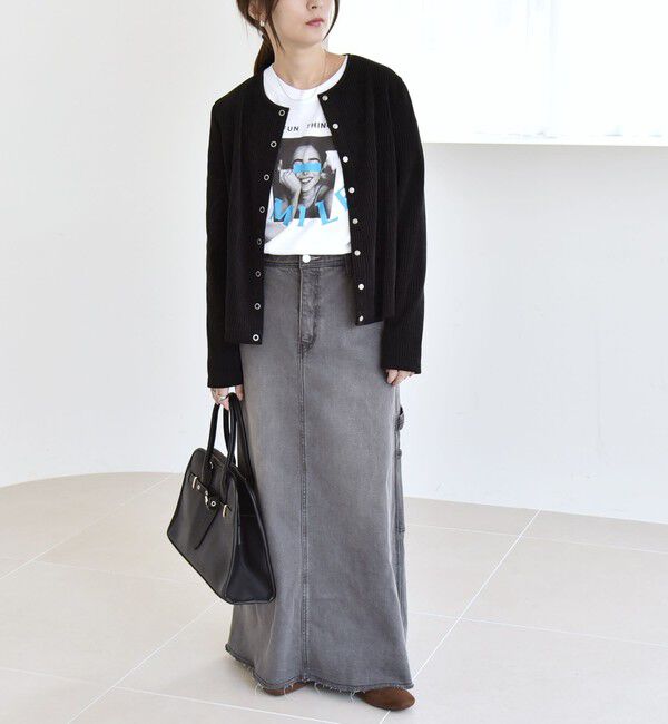 quaranciel「quaranciel:〈洗濯機可能〉ポリエステル ベロア リブ コンパクト スナップ カーディガン」|カーディガン|