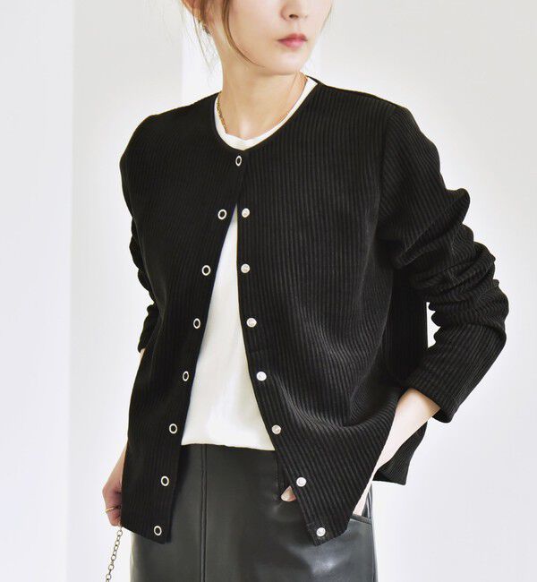 quaranciel「quaranciel:〈洗濯機可能〉ポリエステル ベロア リブ コンパクト スナップ カーディガン」|カーディガン|