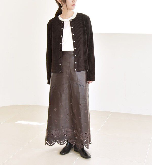 quaranciel「quaranciel:〈洗濯機可能〉ポリエステル ベロア リブ コンパクト スナップ カーディガン」|カーディガン|