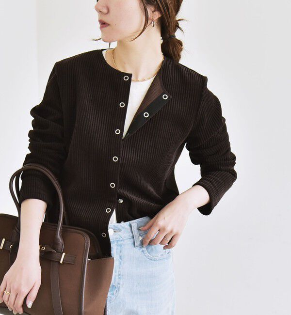 quaranciel「quaranciel:〈洗濯機可能〉ポリエステル ベロア リブ コンパクト スナップ カーディガン」|カーディガン|