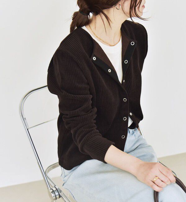 quaranciel「quaranciel:〈洗濯機可能〉ポリエステル ベロア リブ コンパクト スナップ カーディガン」|カーディガン|
