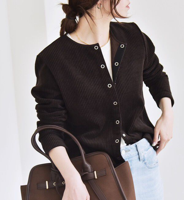 quaranciel「quaranciel:〈洗濯機可能〉ポリエステル ベロア リブ コンパクト スナップ カーディガン」|カーディガン|