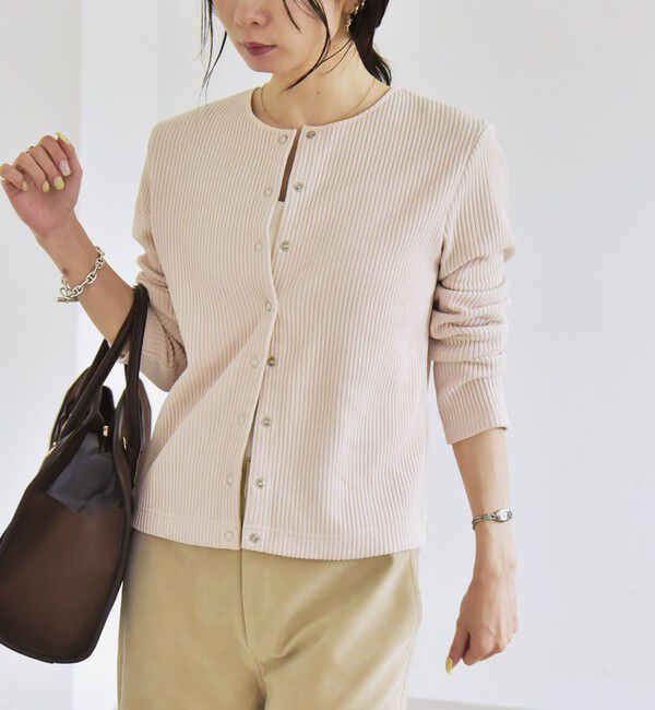 quaranciel「quaranciel:〈洗濯機可能〉ポリエステル ベロア リブ コンパクト スナップ カーディガン」|カーディガン|