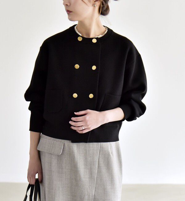 quaranciel「《追加予約》quaranciel:〈手洗い可能〉ノーカラー ダブル ボタン ジャケット カーディガン」|カーディガン|