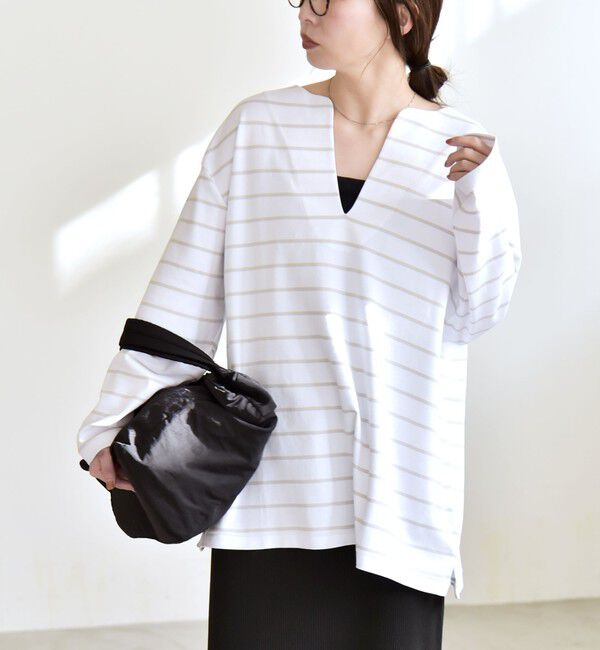 quaranciel「quaranciel:〈洗濯機可能〉ボーダー ビッグ スキッパー プルオーバー」|Tシャツ・カットソー|