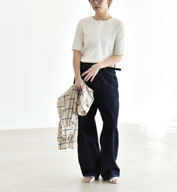 quaranciel「quaranciel:〈洗濯機可能〉テレコ リブ クルー ヘンリー 2way ハーフスリーブ TEE」|Tシャツ・カットソー|