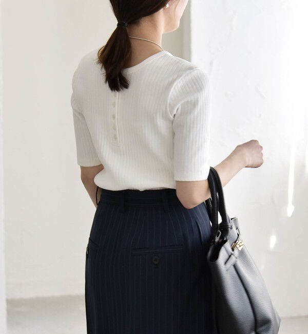 quaranciel「quaranciel:〈洗濯機可能〉テレコ リブ クルー ヘンリー 2way ハーフスリーブ TEE」|Tシャツ・カットソー|