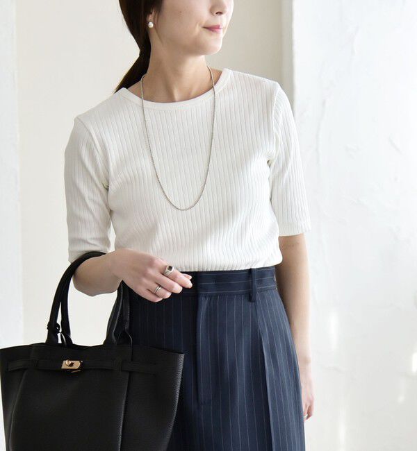 quaranciel「quaranciel:〈洗濯機可能〉テレコ リブ クルー ヘンリー 2way ハーフスリーブ TEE」|Tシャツ・カットソー|