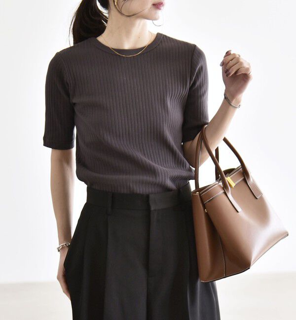 quaranciel「quaranciel:〈洗濯機可能〉テレコ リブ クルー ヘンリー 2way ハーフスリーブ TEE」|Tシャツ・カットソー|