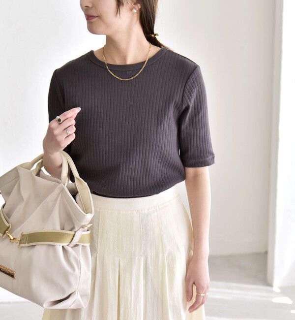 quaranciel「quaranciel:〈洗濯機可能〉テレコ リブ クルー ヘンリー 2way ハーフスリーブ TEE」|Tシャツ・カットソー|