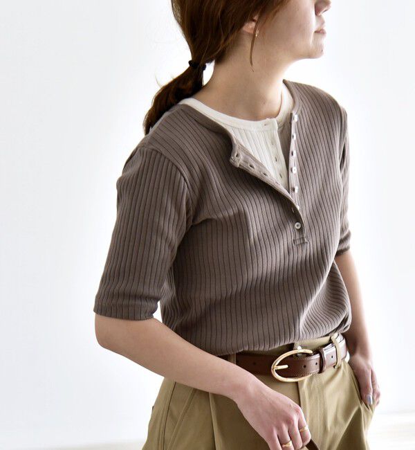 quaranciel「quaranciel:〈洗濯機可能〉テレコ リブ クルー ヘンリー 2way ハーフスリーブ TEE」|Tシャツ・カットソー|