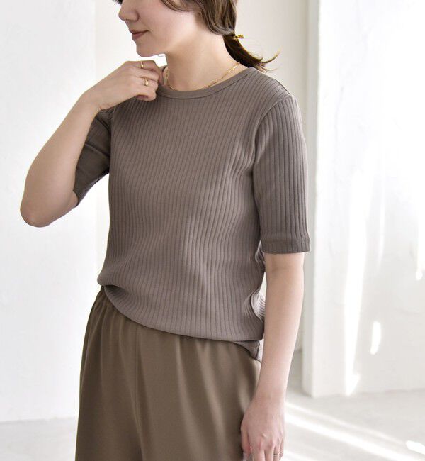 quaranciel「quaranciel:〈洗濯機可能〉テレコ リブ クルー ヘンリー 2way ハーフスリーブ TEE」|Tシャツ・カットソー|