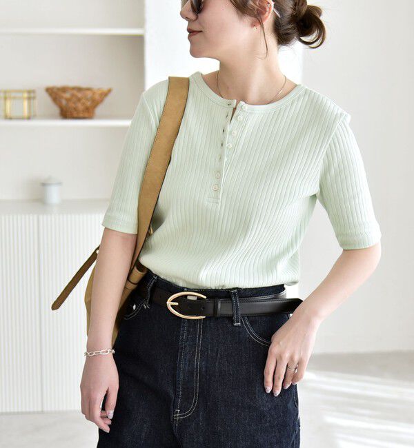 quaranciel「quaranciel:〈洗濯機可能〉テレコ リブ クルー ヘンリー 2way ハーフスリーブ TEE」|Tシャツ・カットソー|ライトグリーン