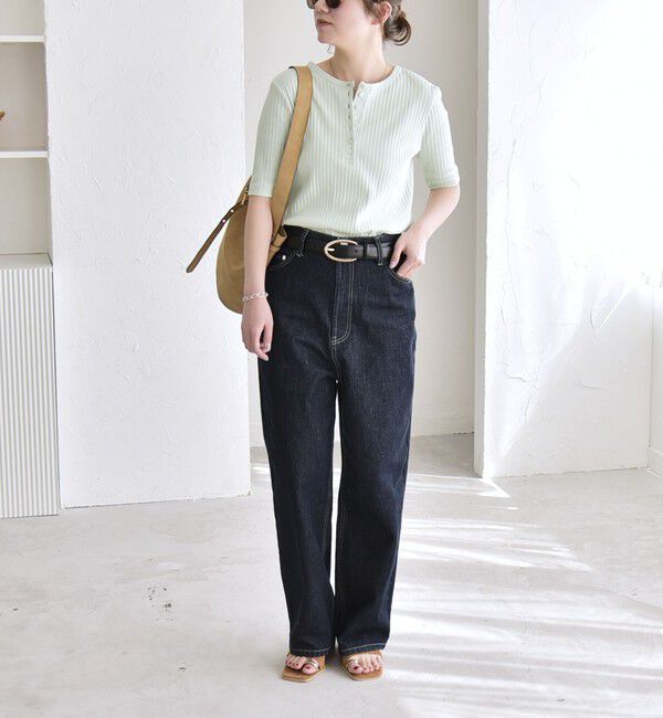 quaranciel「quaranciel:〈洗濯機可能〉テレコ リブ クルー ヘンリー 2way ハーフスリーブ TEE」|Tシャツ・カットソー|