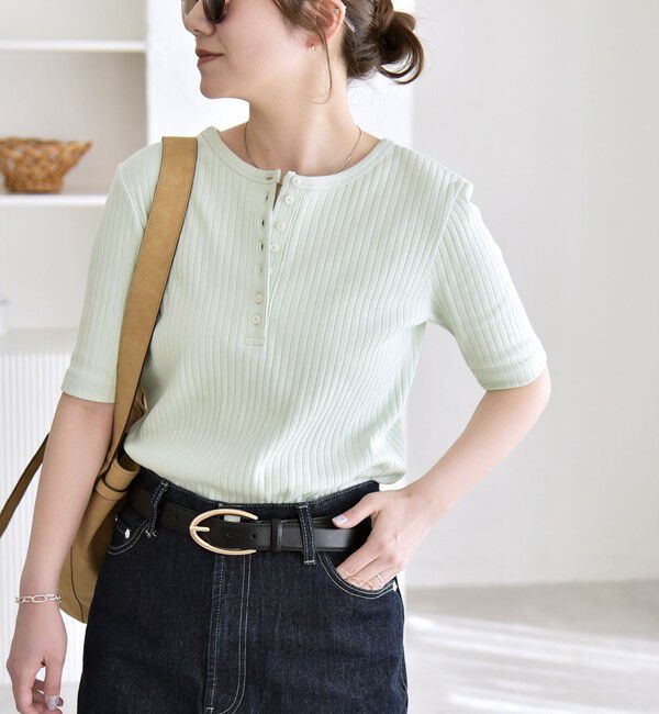 quaranciel「quaranciel:〈洗濯機可能〉テレコ リブ クルー ヘンリー 2way ハーフスリーブ TEE」|Tシャツ・カットソー|