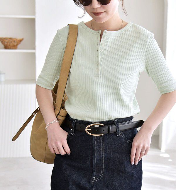 quaranciel「quaranciel:〈洗濯機可能〉テレコ リブ クルー ヘンリー 2way ハーフスリーブ TEE」|Tシャツ・カットソー|