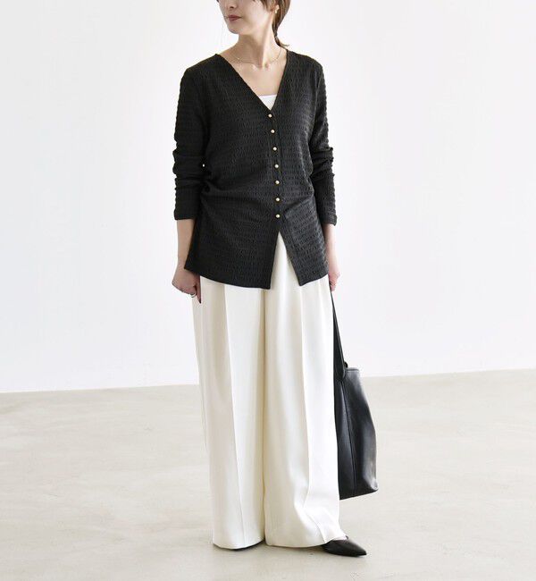quaranciel「quaranciel:〈洗濯機可能〉ジャカード ジャージー Vネック ギャザー カーディガン」|カーディガン|