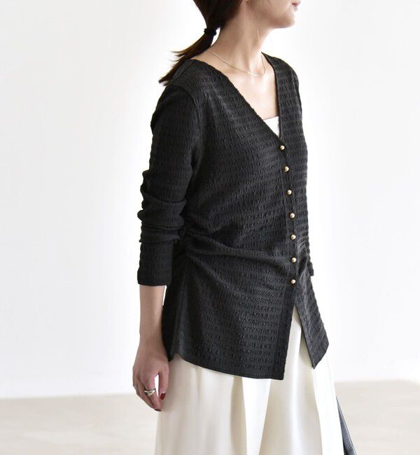 quaranciel「quaranciel:〈洗濯機可能〉ジャカード ジャージー Vネック ギャザー カーディガン」|カーディガン|