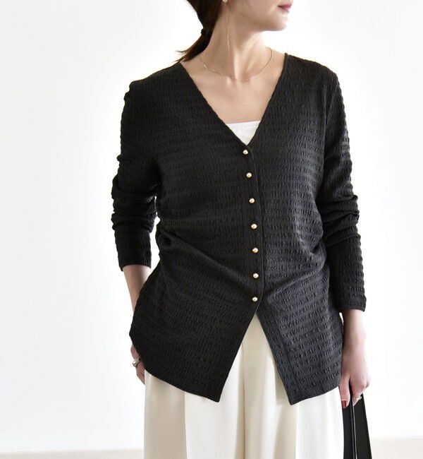 quaranciel「quaranciel:〈洗濯機可能〉ジャカード ジャージー Vネック ギャザー カーディガン」|カーディガン|