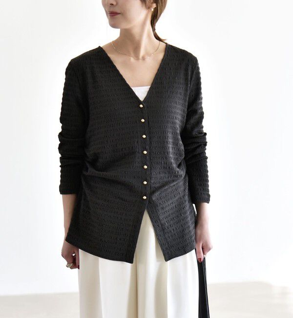 quaranciel「quaranciel:〈洗濯機可能〉ジャカード ジャージー Vネック ギャザー カーディガン」|カーディガン|