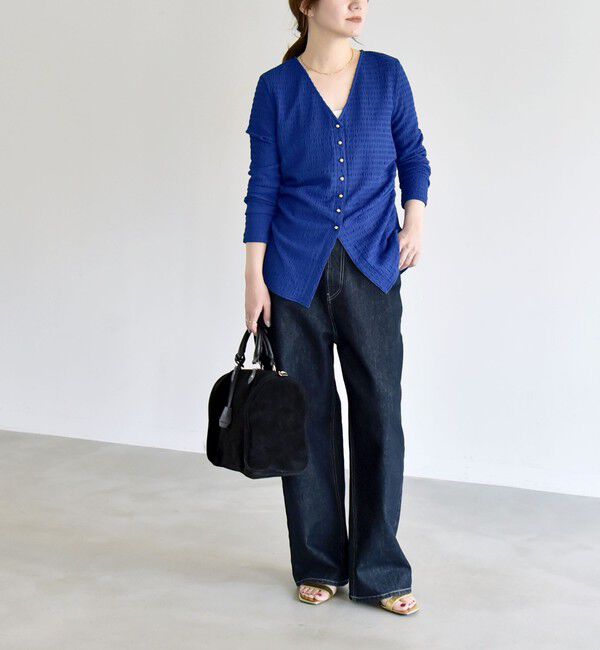 quaranciel「quaranciel:〈洗濯機可能〉ジャカード ジャージー Vネック ギャザー カーディガン」|カーディガン|