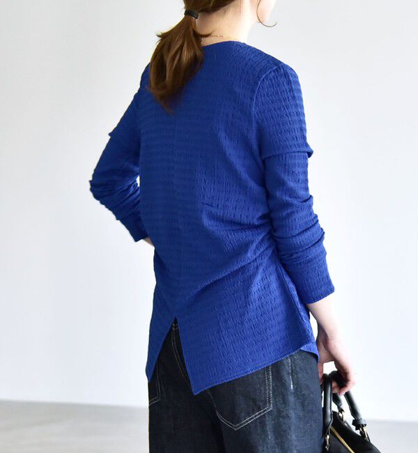 quaranciel「quaranciel:〈洗濯機可能〉ジャカード ジャージー Vネック ギャザー カーディガン」|カーディガン|