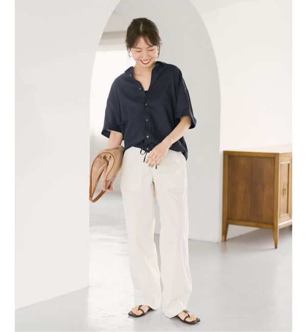 Spick and Span「《予約》リネンブレンドハーフスリーブヘムギャザーシャツ」|シャツ・ブラウス|