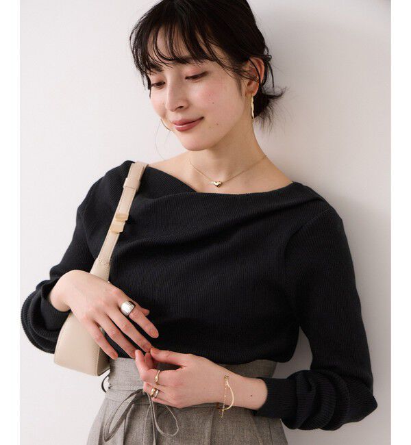 VIS「ドレープオフショルダーリブニット/イージーケア」|ニット・セーター|ブラック(01)