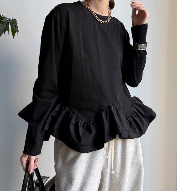  「裾異素材切替フリルカットソー」|Tシャツ・カットソー|ブラック