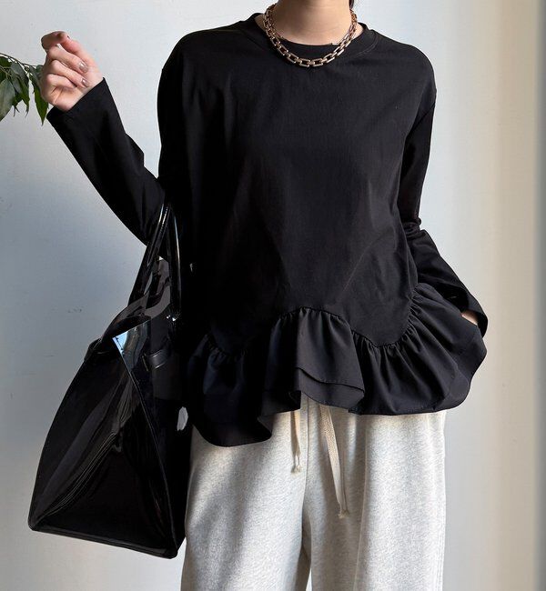  「裾異素材切替フリルカットソー」|Tシャツ・カットソー|