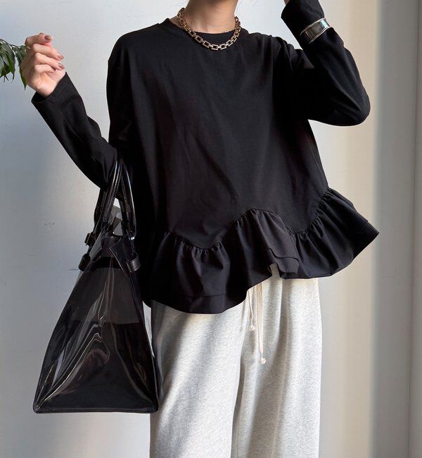  「裾異素材切替フリルカットソー」|Tシャツ・カットソー|