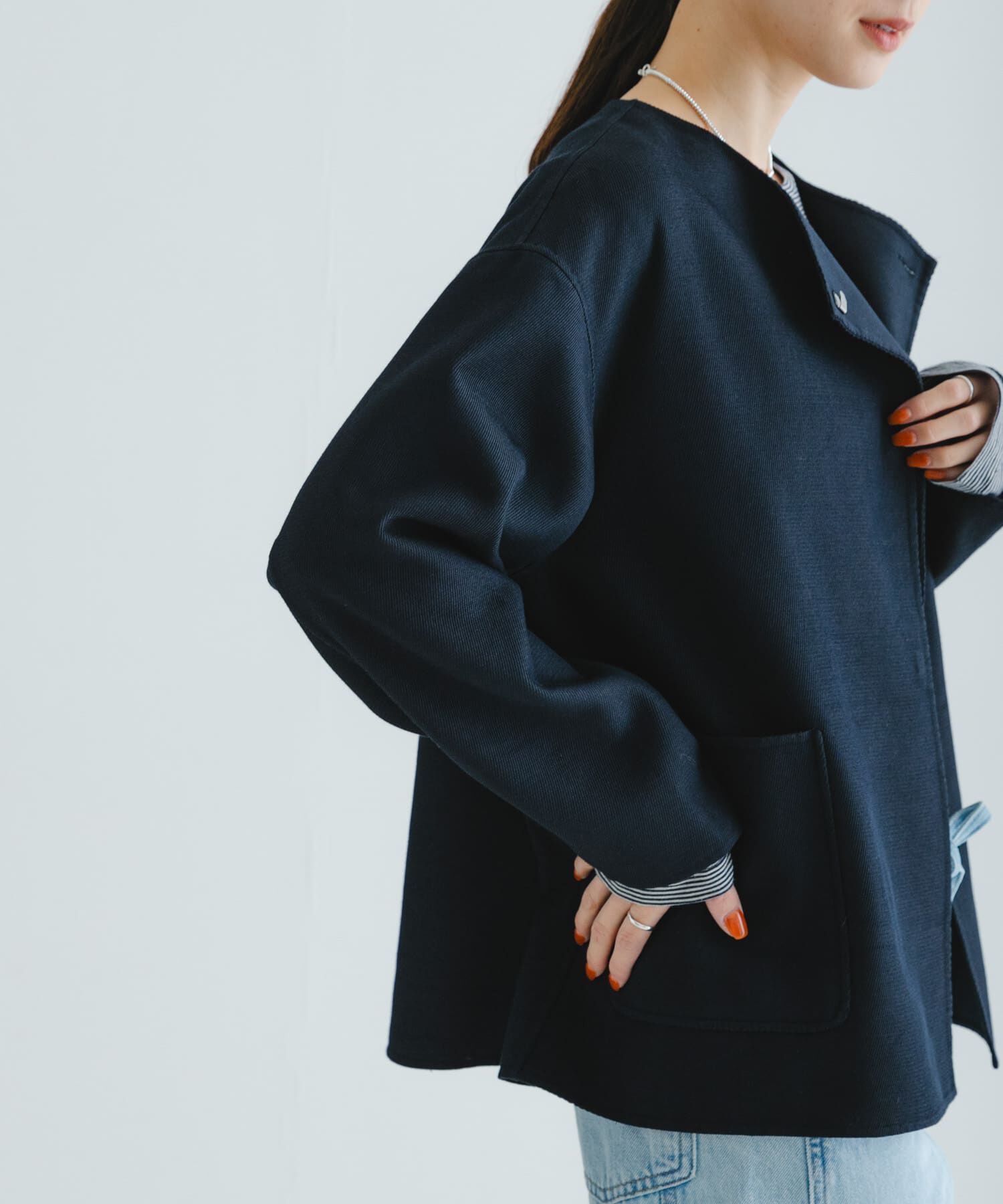 URBAN RESEARCH「ツイルノーカラーリバーコート」|ノーカラージャケット|