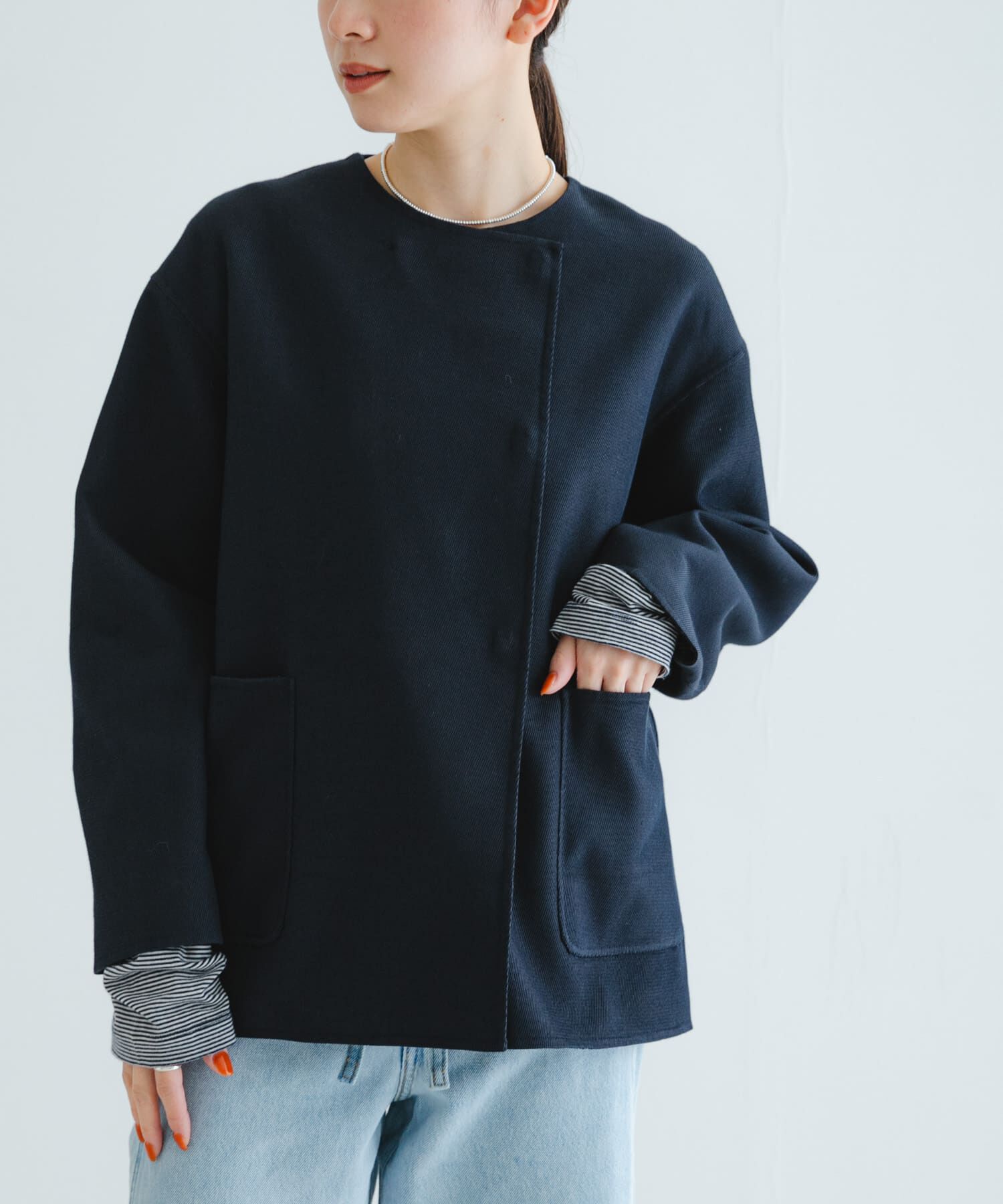 URBAN RESEARCH「ツイルノーカラーリバーコート」|ノーカラージャケット|