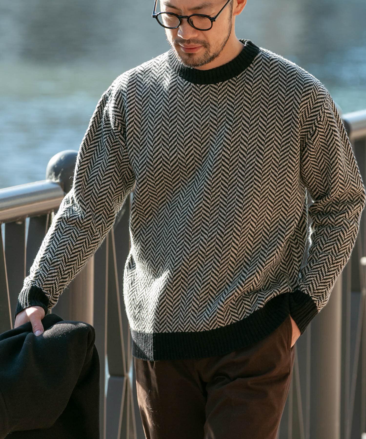 URBAN RESEARCH ROSSO「『XLサイズあり』ヘリンボーン柄クルーネックニット」|ニット・セーター|ブラック