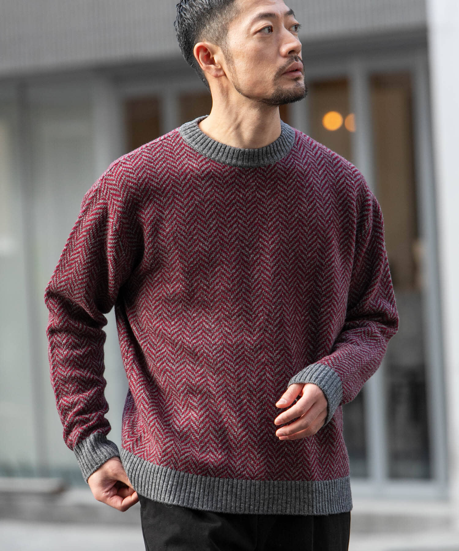URBAN RESEARCH ROSSO「『XLサイズあり』ヘリンボーン柄クルーネックニット」|ニット・セーター|