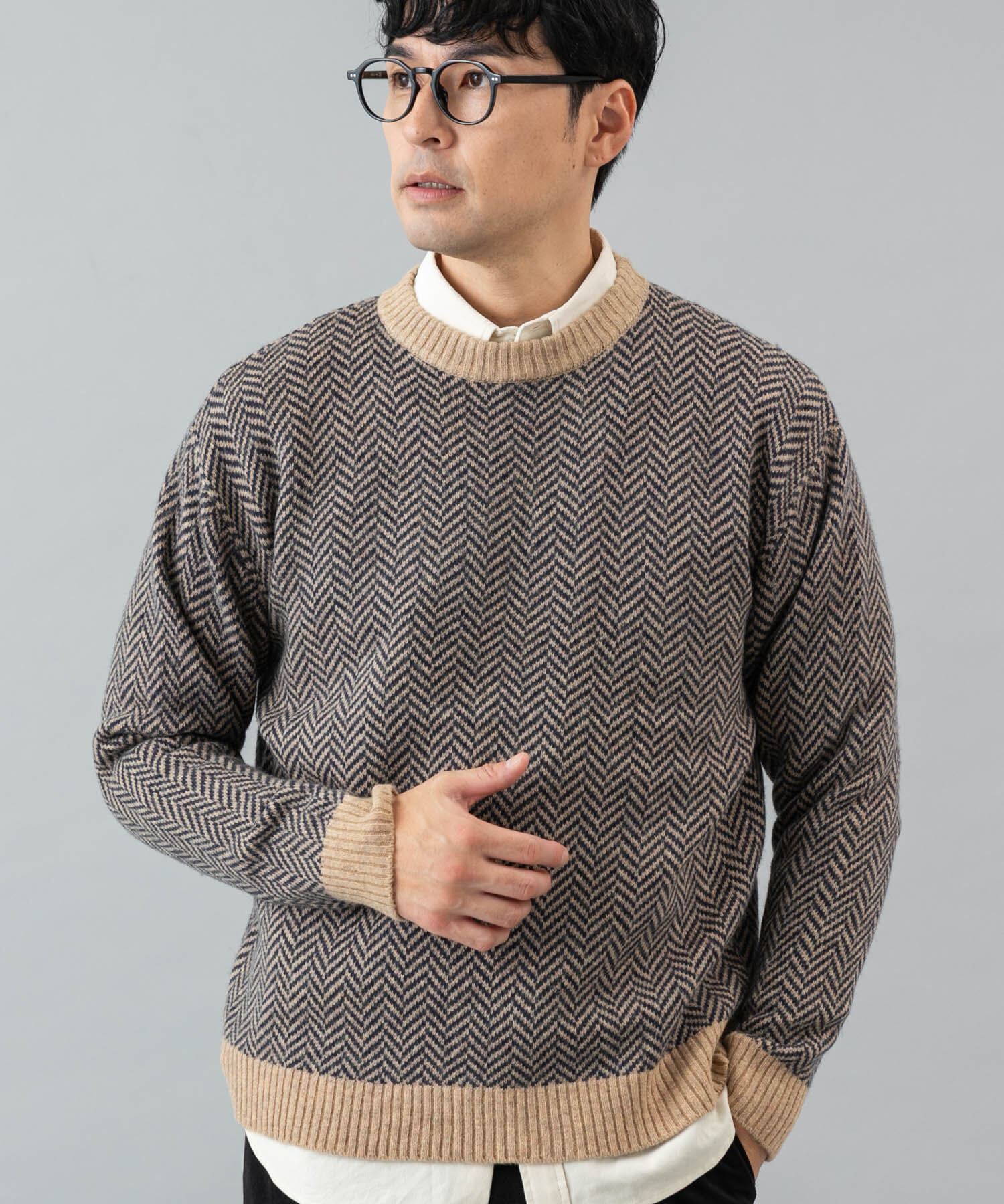 URBAN RESEARCH ROSSO「『XLサイズあり』ヘリンボーン柄クルーネックニット」|ニット・セーター|グレー系その他