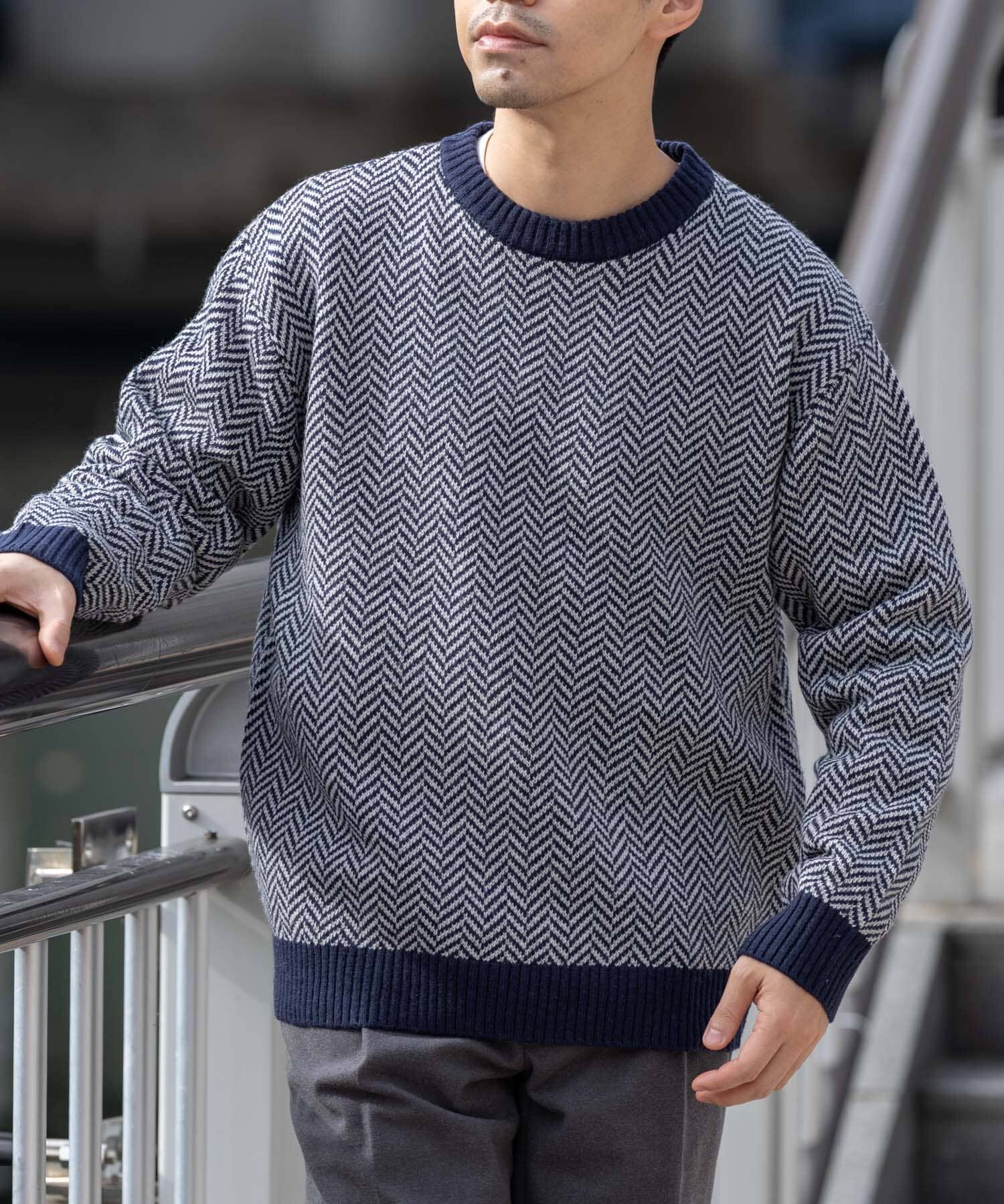 URBAN RESEARCH ROSSO「『XLサイズあり』ヘリンボーン柄クルーネックニット」|ニット・セーター|