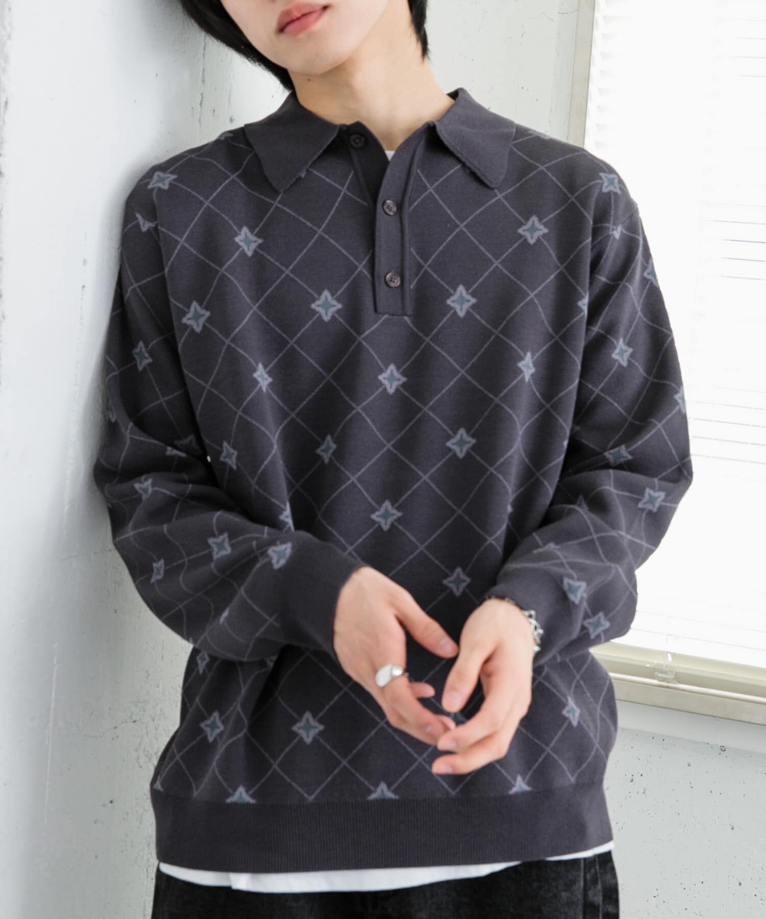 SENSE OF PLACE by URBAN RESEARCH「フラワージャガードニットポロ」|ニット・セーター|チャコールグレー