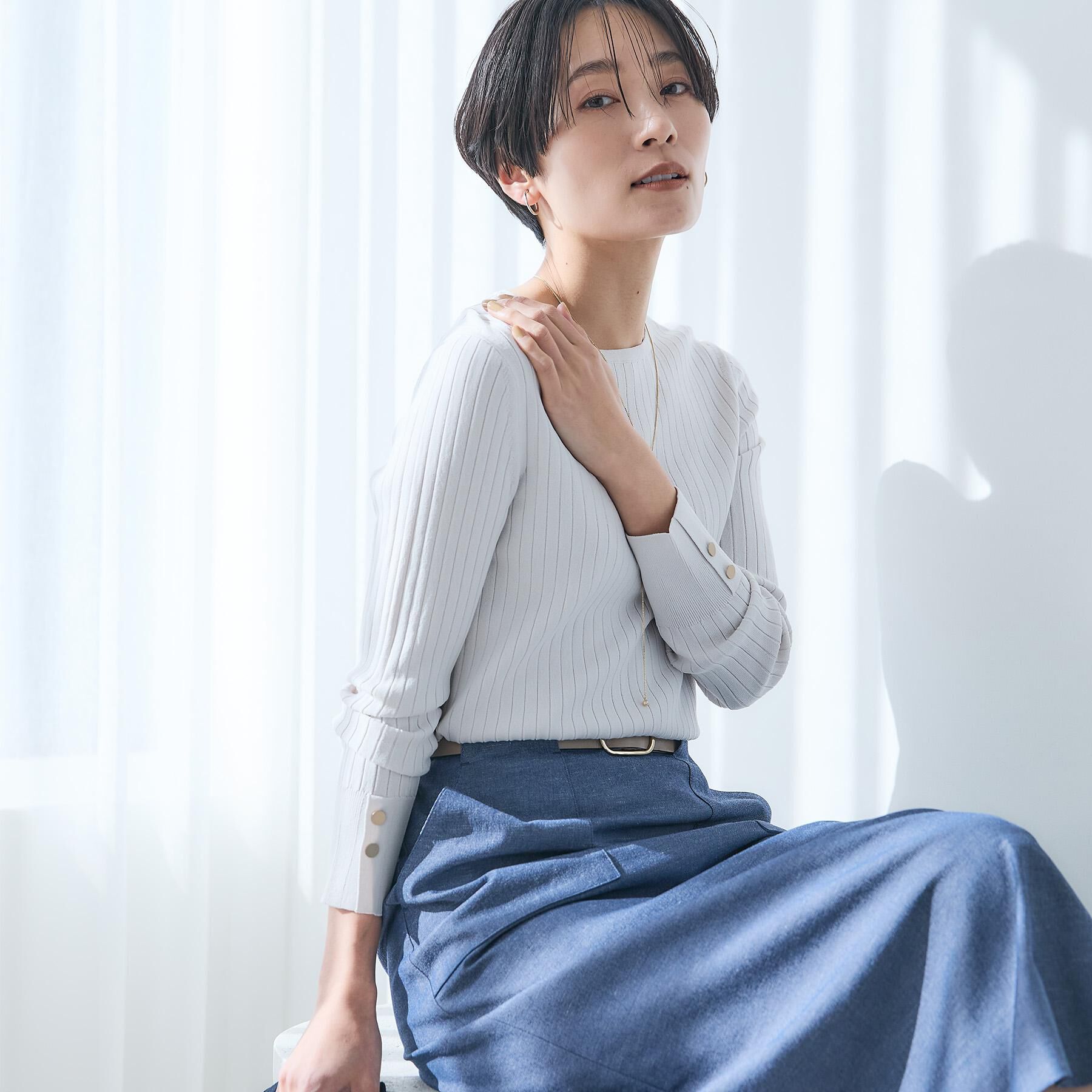 UNTITLED「【アンサンブル可/洗える】ワイドリブニット」|ニット・セーター|グレージュ(050)