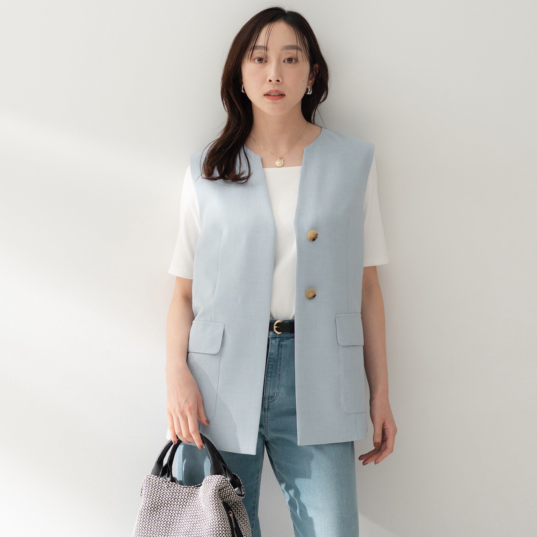 UNTITLED「スラブキーネックジレ」|ベスト・ジレ|サックスブルー(09