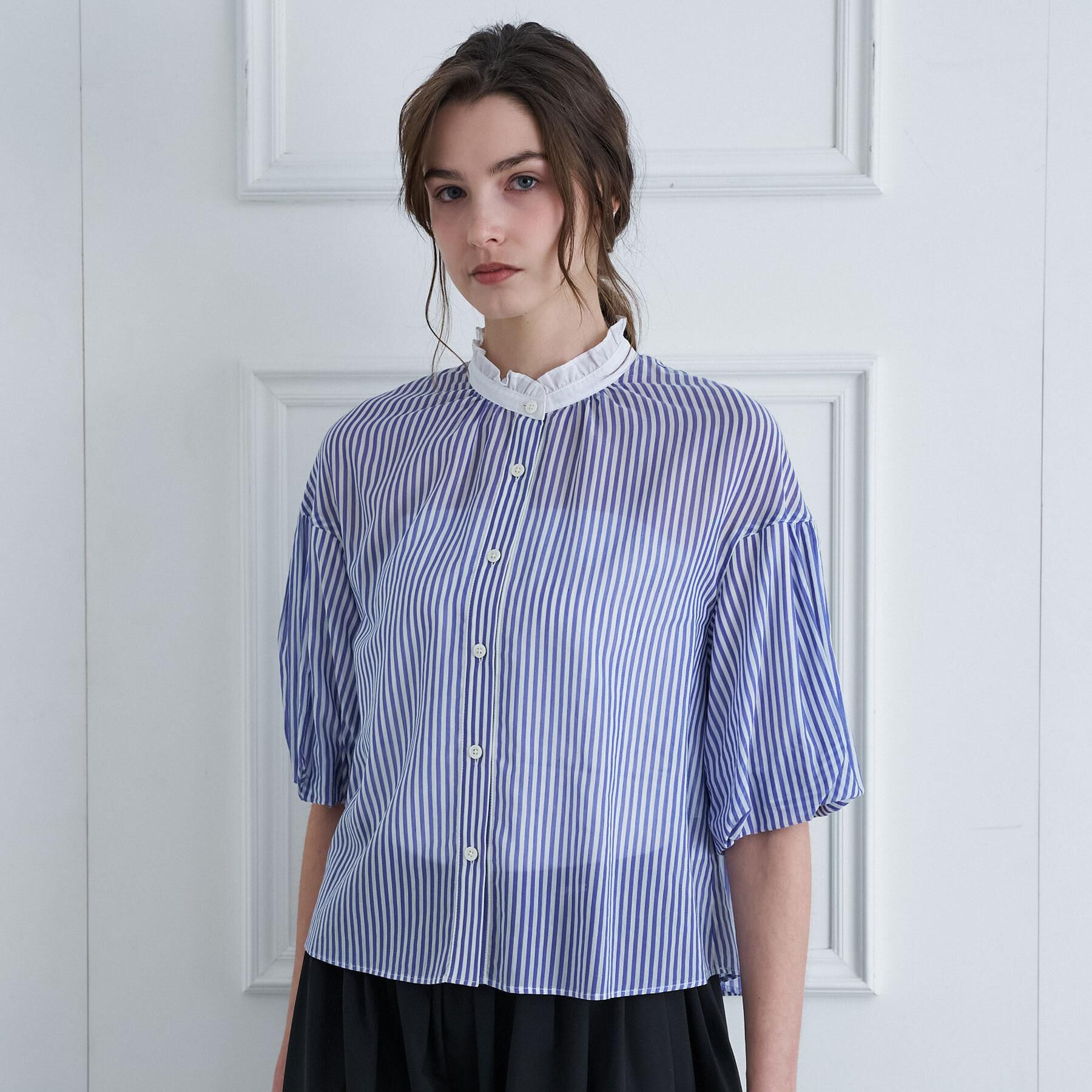 DRESSTERIOR「【大人MUSE5月号掲載】ロンドンストライプクレリックブラウス」|シャツ・ブラウス|ブルー(393)