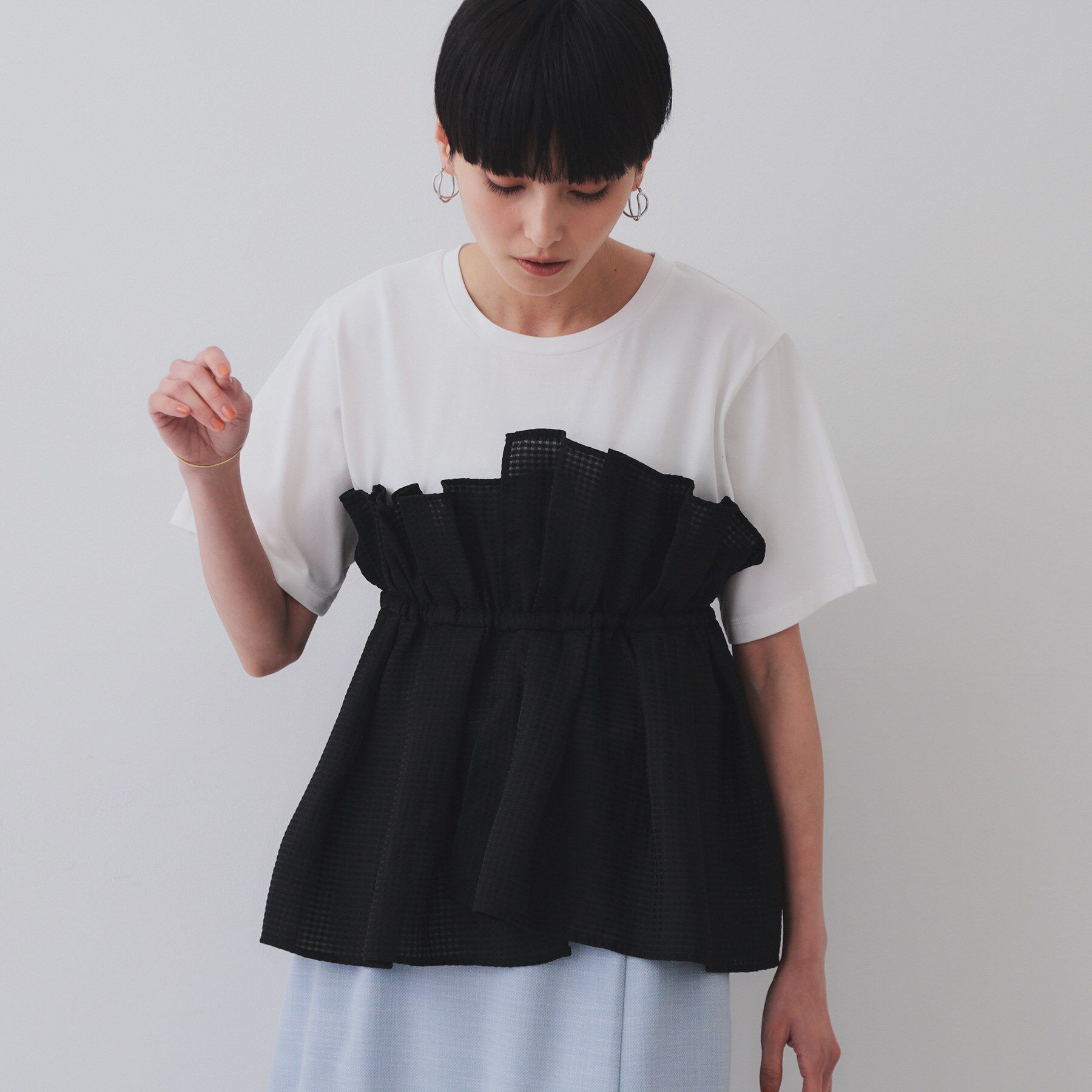 OPAQUE.CLIP「シアーギンガムドッキングペプラムカットソー【洗濯機洗い可】」|Tシャツ・カットソー|ブラック(519)