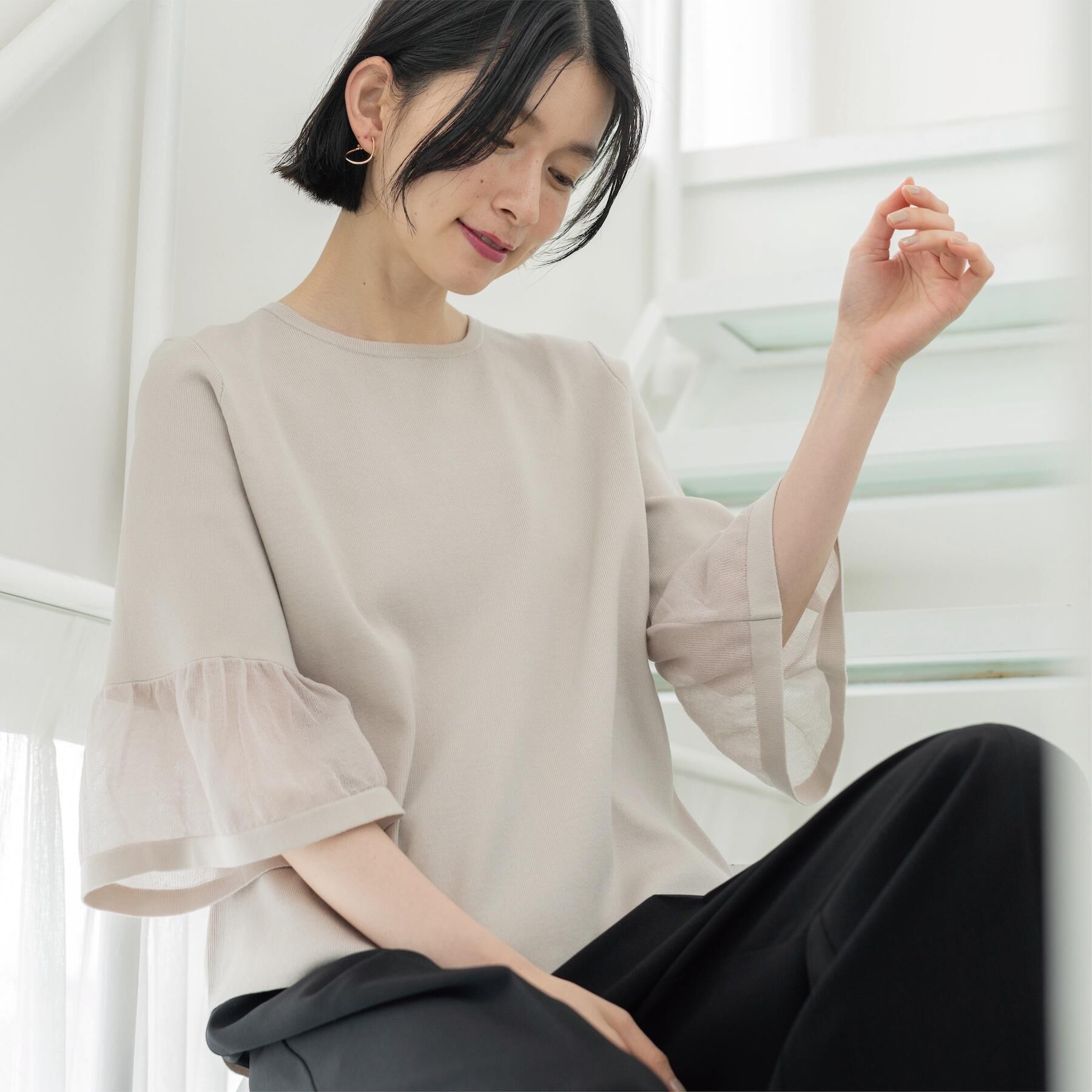 OPAQUE.CLIP「シアーフレアスリーブニット【洗濯機OK/抗ピル】」|ニット・セーター|