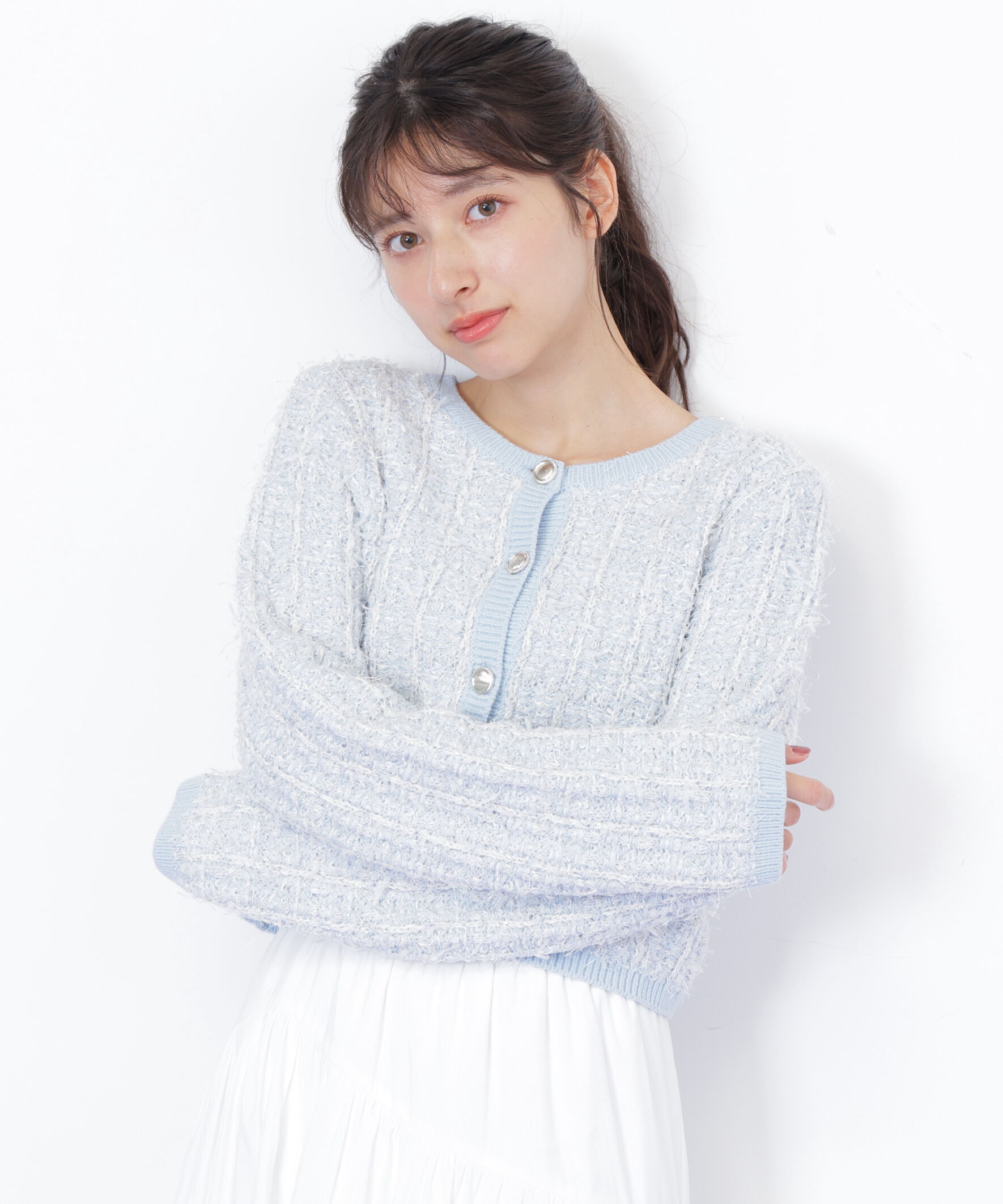  「ラメツイードニットカーディガン」|ニット・セーター|ブルー
