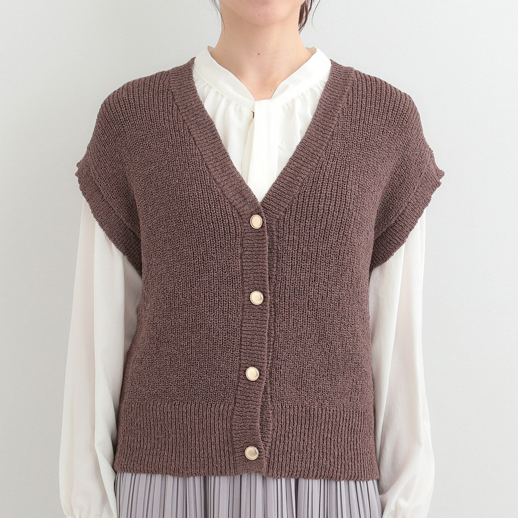 SHOO･LA･RUE「【S-LL/洗濯機可】気軽にレイヤード 前開きざっくりニットベスト」|ベスト・ジレ|
