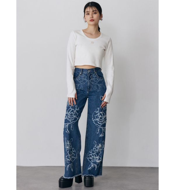 MURUA「ダメージフラワーワイドデニム」|デニム|