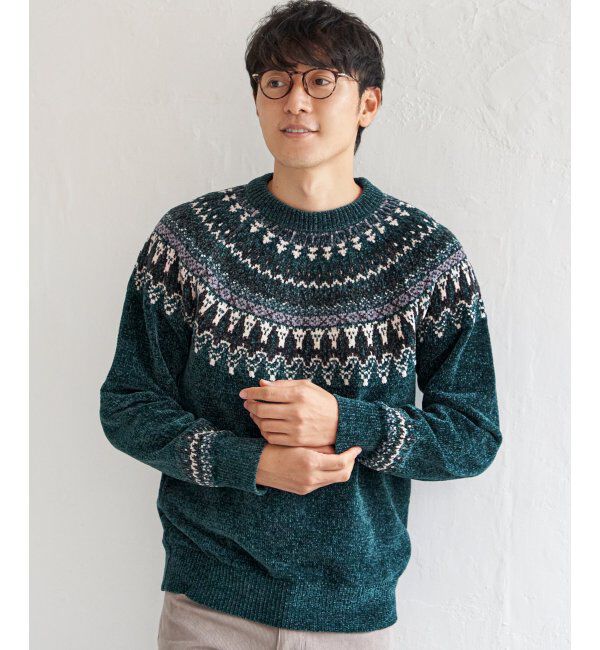 ikka「モール求心柄ニット」|プルオーバー|グリーン