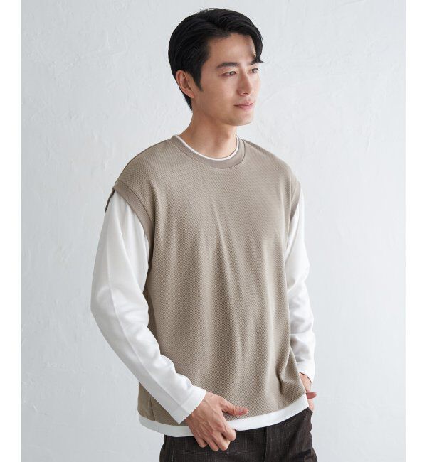 ikka「モール鹿の子フェイクベストロンT」|Tシャツ・カットソー|ベージュ