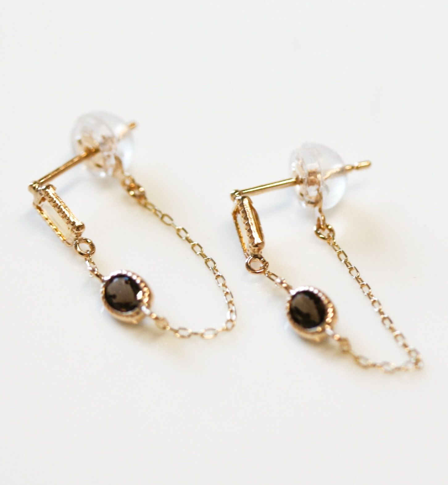  「シトリン / スモーキークォーツ チェーンフープ ピアス | K10YG」|ピアス|