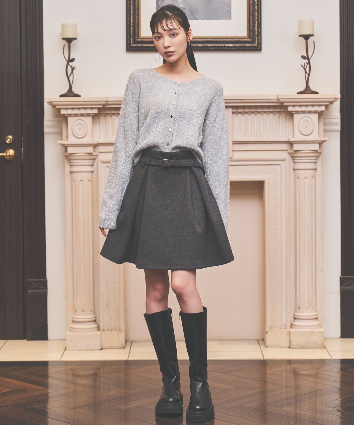 アンドクチュール「ベルト付きボックスミニスカート」|台形|ﾁｬｺｰﾙｸﾞﾚｰ